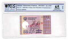 Tajikistan 50 Diram 1999 (2000) Specimen PCGS 65 OPQ
P# 13s; UNC