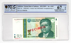 Tajikistan 1 Somoni 1999 (2000) Specimen PCGS 67 OPQ
P# 14s; UNC