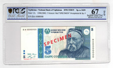 Tajikistan 5 Somoni 1999 (2000) Specimen PCGS 67 OPQ
P# 15s; UNC