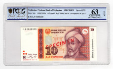 Tajikistan 10 Somoni 1999 (2000) Specimen PCGS 63 OPQ
P# 16s; UNC