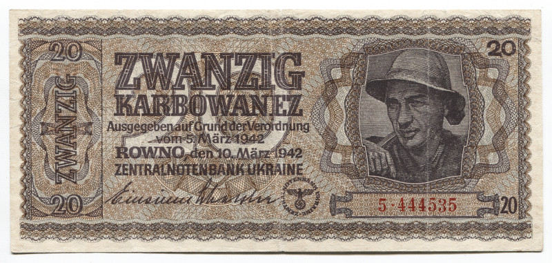 Ukraine 20 Karbowanez 1942 German Occupation WWII
P# 53; # 5 444535; Ukrainian ...