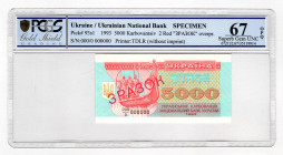 Ukraine 5000 Karbovantsiv 1993 Specimen PCGS 67 OPQ
P# 93s1; UNC