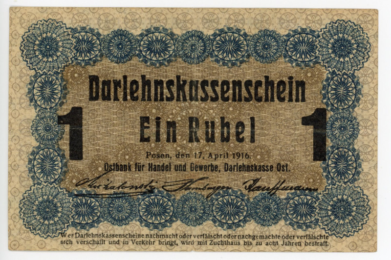 Germany - Empire Occupation of Poznan 1 Rouble 1916
P# R122; F+