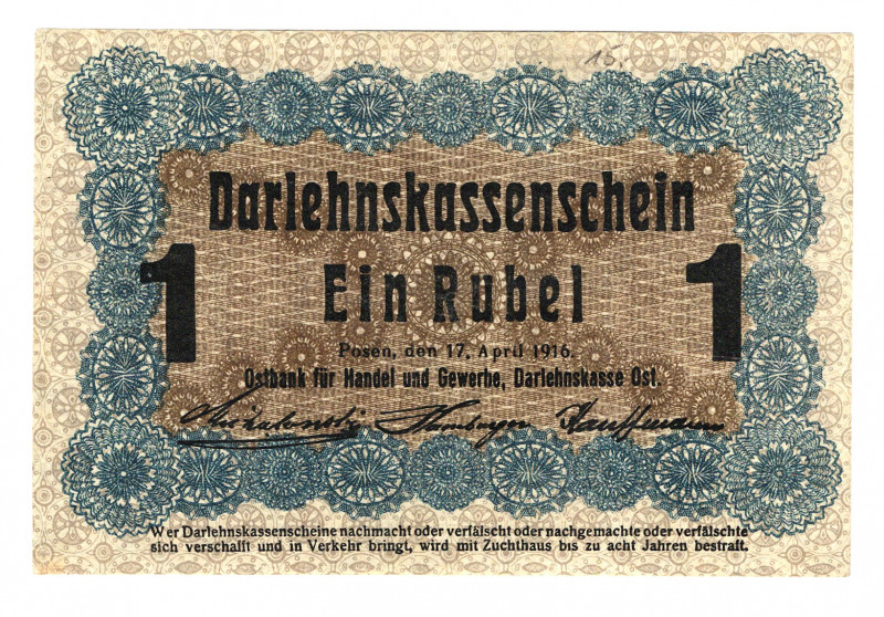 Germany - Empire Occupation of Poznan 1 Rouble 1916
P# R122d; XF