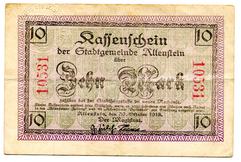 Germany - Empire Allenstein / Olsztyn 10 Mark 1918
# 10531; VF-