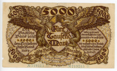 Germany - Weimar Republic Baden 5000 Mark 1922
P# S909; #719215; F+/VF-