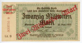 Germany - Weimar Republic Baden 2000000000 Mark on 20000000 Mark 1923
P# S913; #55755; XF-