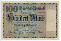 Germany - Weimar Republic Bavaria 100 Mark 1922
P# S923; #C685764; VF