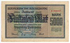 Germany - Weimar Republic Bavaria 5000 Mark 1922
P# S925; #B359047; VF