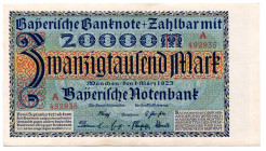 Germany - Weimar Republic Bavaria 20000 Mark 1923
P# S926; #492935; UNC