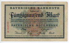 Germany - Weimar Republic Bavaria 50000 Mark 1923
P# S927; #A144898; VF