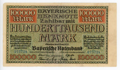 Germany - Weimar Republic Bavaria 100000 Mark 1923
P# S928; #073724; Restorated with tape; VF