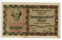 Germany - Weimar Republic Wurttemberg 20000 Mark 1923
P# S983; #662463; VF-