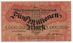 Germany - Weimar Republic Wurttemberg 5000000 Mark 1923
P# S988; #J019751; VF