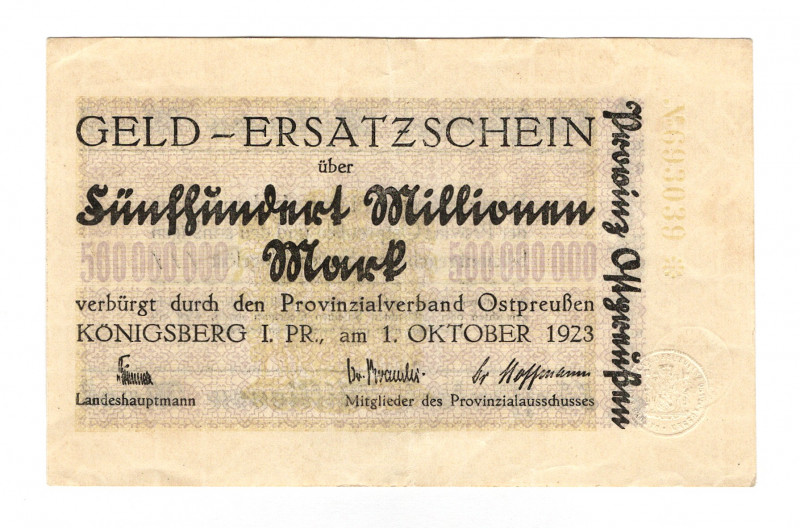 Germany - Weimar Republic Konigsberg 500 Million Mark 1923
Karpinski# 23.15B; X...