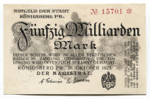 Germany - Weimar Republic East Prussia Magistrat of Königsberg 50 Billion Mark 1923 Notgeld Rare
Karpinski# 23.67; # 15701; UNC