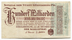 Germany - Weimar Republic East Prussia Magistrat of Königsberg 100 Billion Mark 1923 Notgeld Rare
Karpinski# 23.68; # 71491; VF-XF