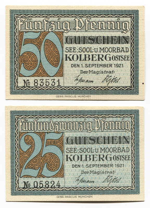 Germany - Weimar Republic Prussia Pomerania City of Kolberg 25 & 50 Pfennig 1921...