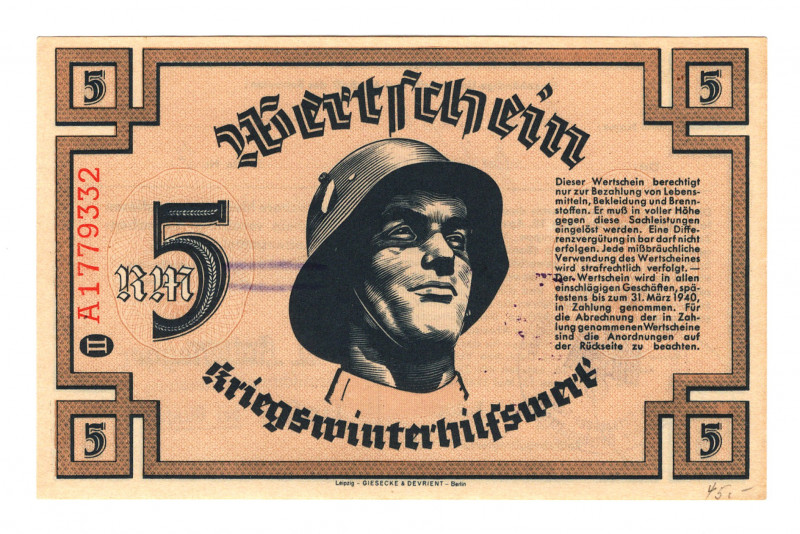 Germany - Third Reich Winterhelp 5 Reichsmark 1939
Kroll# 373; UNC