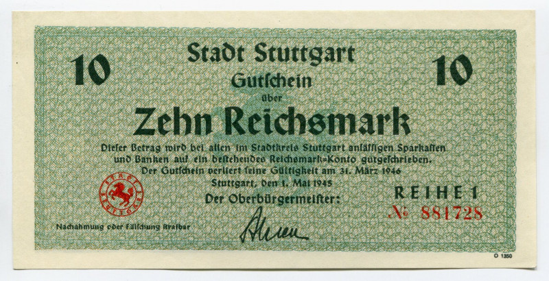 Germany - Third Reich 10 Reichsmark 1945 R
# 881728; UNC; Stuttgart; WW II; Rar...