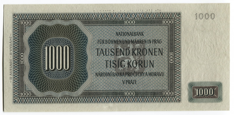 Bohemia & Moravia 1000 Korun 1942 Specimen
P# 14s; # Cc 247890; German occupati...