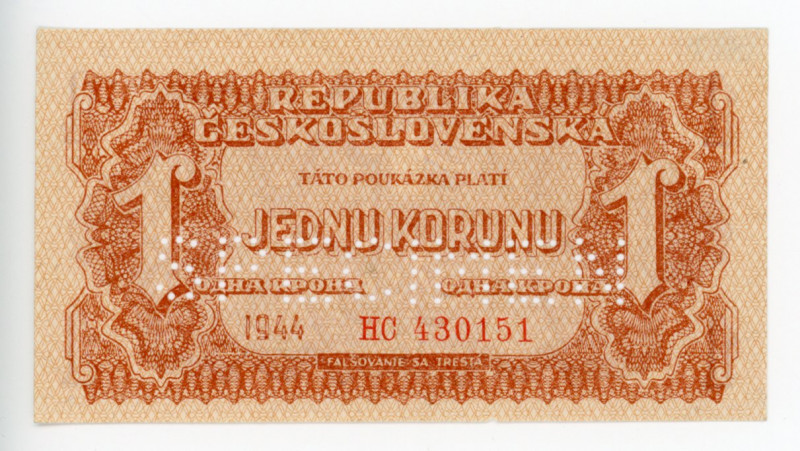 Czechoslovakia 1 Koruna 1944 Specimen
P# 45s; #HC 430151; UNC