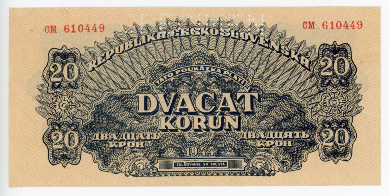 Czechoslovakia 20 Korun 1944 Specimen
P# 47s; #CM 610449; UNC