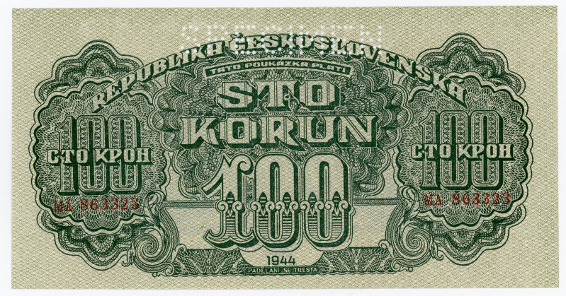 Czechoslovakia 100 Korun 1944 Specimen
P# 48s; #MA863323; AUNC