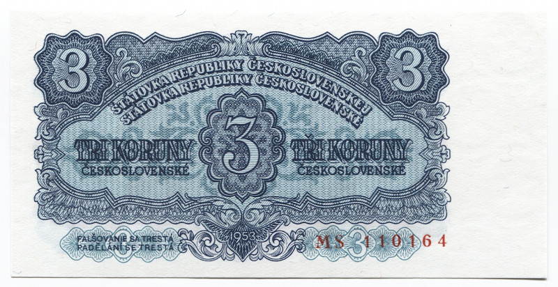 Czechoslovakia 3 Koruny 1953
P# 79b; # MS 410164; UNC