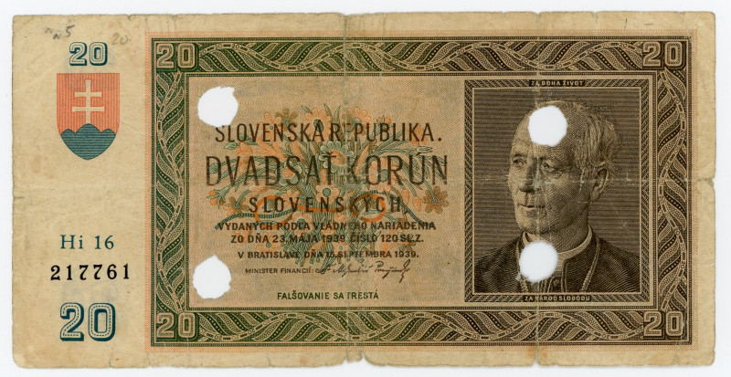 Slovakia 20 Korun 1939 Cancelled Note
P# 5a; #217761; F