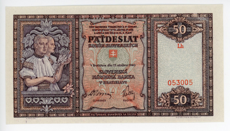 Slovakia 50 Korun 1940 Specimen
P# 9s; #053005; UNC