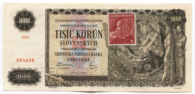 Slovakia 1000 Korun 1940 Specimen
P# 13s; # 201 024028; Slovak National Bank; U...