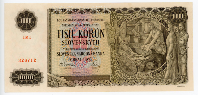 Slovakia 1000 Korun 1940 Specimen
P# 13s; #326712; AUNC