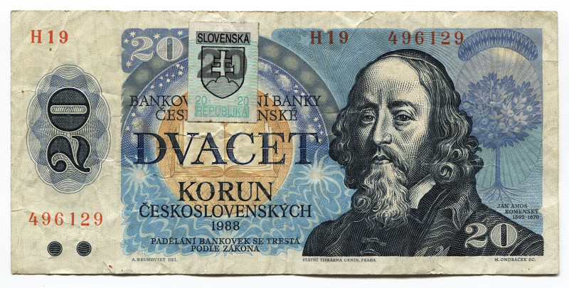 Slovakia 20 Korun 1993 (1988)
P# 15; #H19-496129; VF-XF