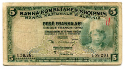 Albania 5 Franka Ari 1926 (ND)
P# 2a; #L39281; F