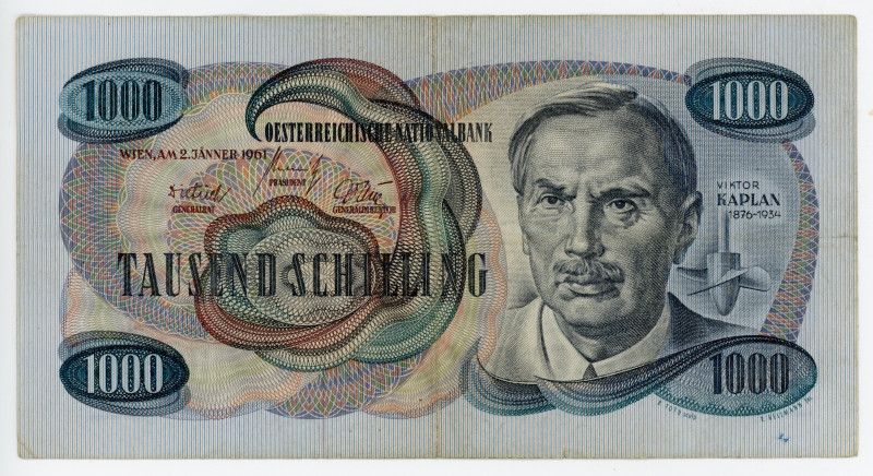 Austria 1000 Schilling 1961 (1962)
P# 141a; # B376712D; Viktor Kaplan; VF