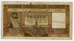 Belgium 500 Francs 1945
P# 127a; # D.0832 798; VG-F