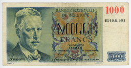 Belgium 1000 Francs 1956 (1950 - 1958)
P# 131a; # 6140.K.691 153484691; VF