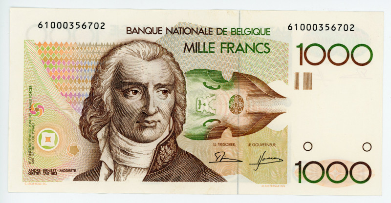 Belgium 1000 Francs 1980 - 1996 (ND)
P# 144a; # G422314; XF-AUNC; Signature 4 a...