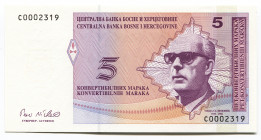 Bosnia & Herzegovina 5 Convertible Maraka 1998
P# 62; #С0002319; Cyrillic bank name and denomination as top line; UNC
