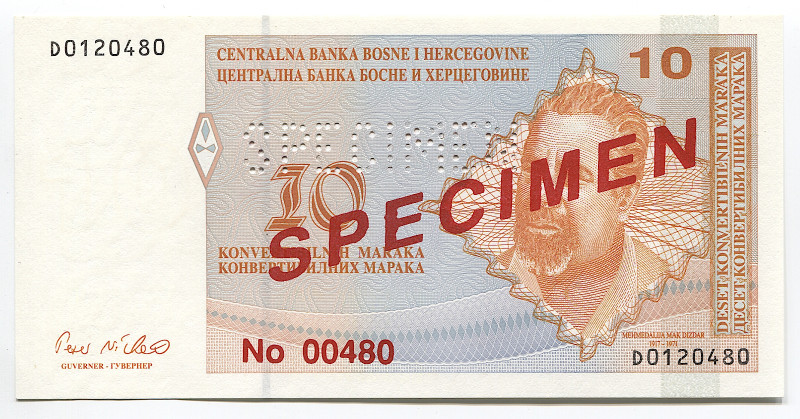 Bosnia & Herzegovina 10 Convertible Maraka 1998 (ND) Specimen
P# 63s; # D012048...