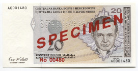 Bosnia & Herzegovina 20 Convertible Maraka 1998 (ND) Specimen
P# 65s2; # A0001480; UNC