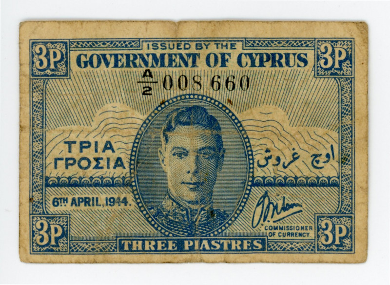 Cyprus 3 Piastres 1944
P# 28a; # A/2 008660; VF