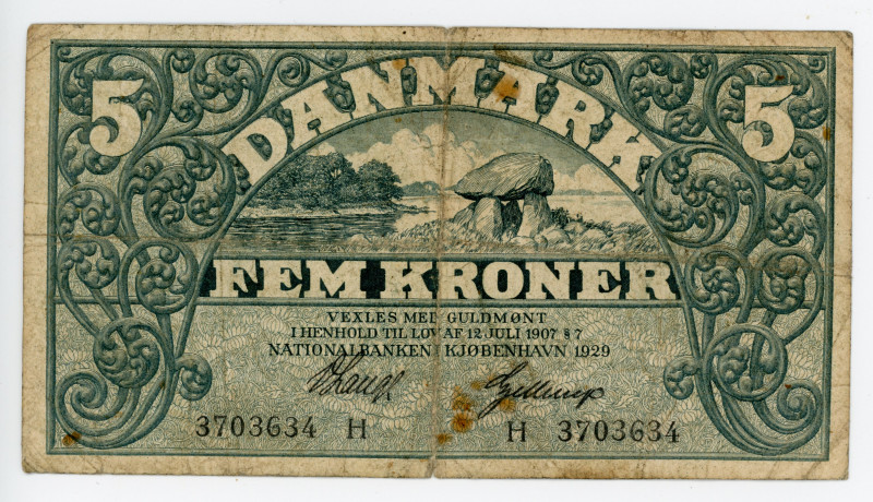 Denmark 5 Kroner 1929
P# 20q; # 3703634; PREFIX H; VF