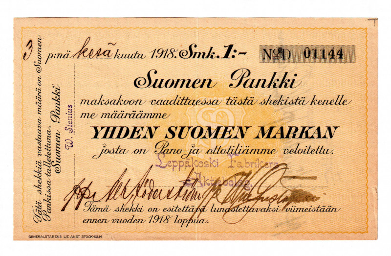 Finland Bank Cheque for 1 Suomen Markan 1918
XF