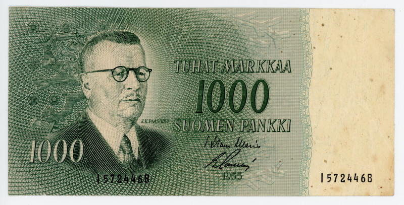 Finland 1000 Markkaa 1955
P# 93a; # I5724468; VF