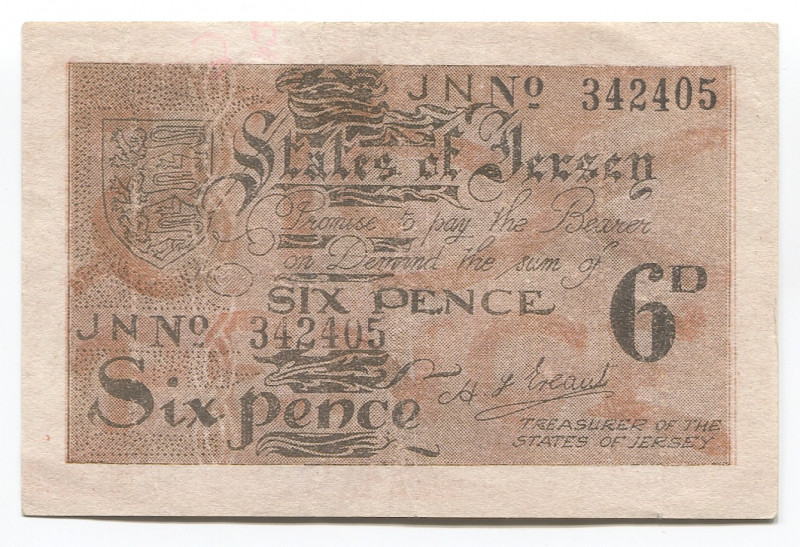 Jersey 6 Pence 1941 - 1942 (ND)
P# 1a; # 342405; VF