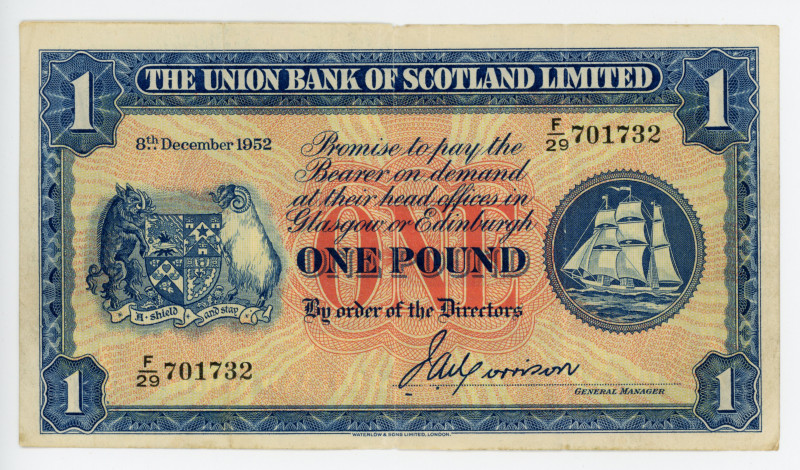 Scotland 1 Pound 1952
P# S816a; # F/29 701732; VF