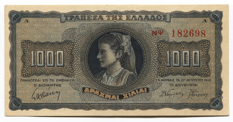 Greece 1000 Drachmai 1942
P# 118a; # N 182698; AUNC