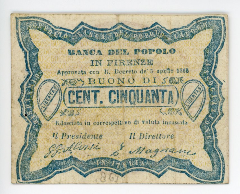 Italy Firenze 50 Centesimi 1863
# 32; Banca Del Popolo Firenze; XF